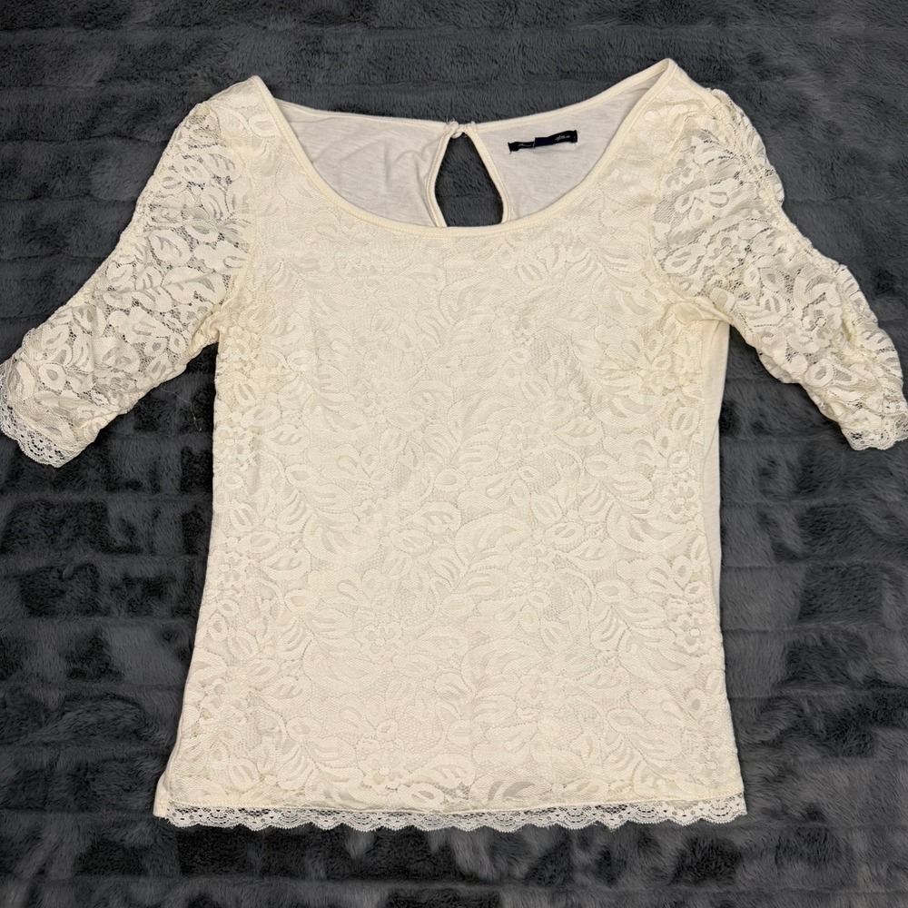 American Eagle Floral Lace Front Top Cream Ivory Keyhole Back Small 13498